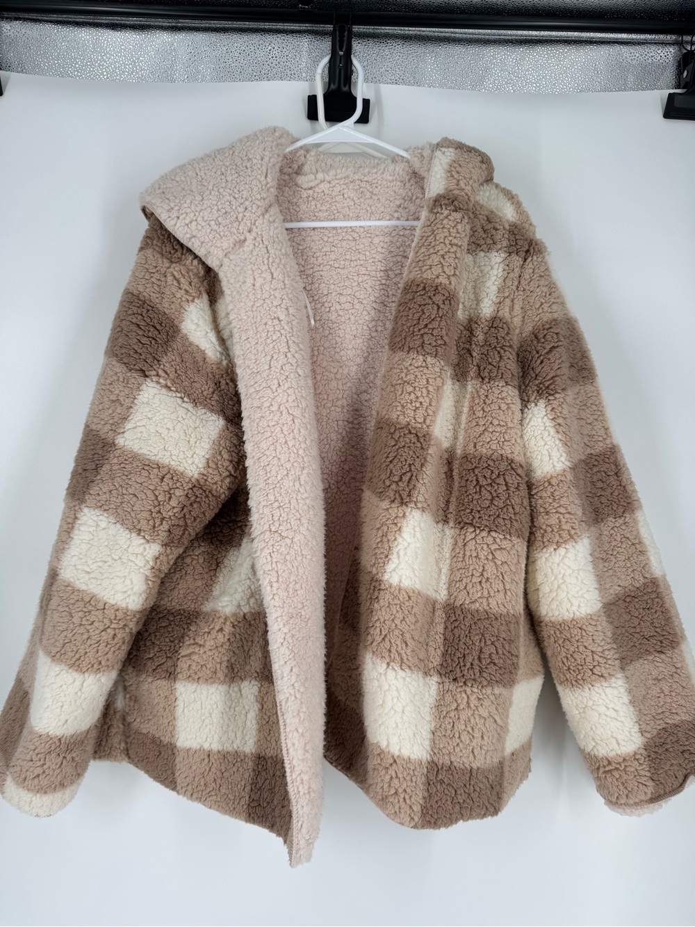 Cozy Check Sherpa Jacket - Cream & Brown Reversible NWOT